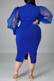 Blue Fashion Casual Solid Split Joint Slit O Neck Long Sleeve Plus Size Dress