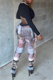 Pink Fashion Casual Print Tassel Patchwork Regular High Waist Pencil Trousers
