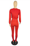 Red Fashion Casual Solid Basic O Neck Long Sleeve Two Pieces