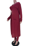Red Casual Solid Patchwork U Neck Long Sleeve Three Pieces