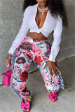 Pink Fashion Casual Print Tassel Patchwork Regular High Waist Pencil Trousers