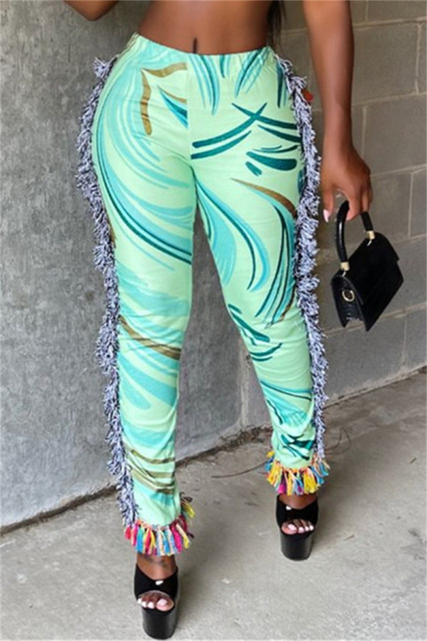 Green Fashion Casual Print Tassel Patchwork Regular High Waist Pencil Trousers
