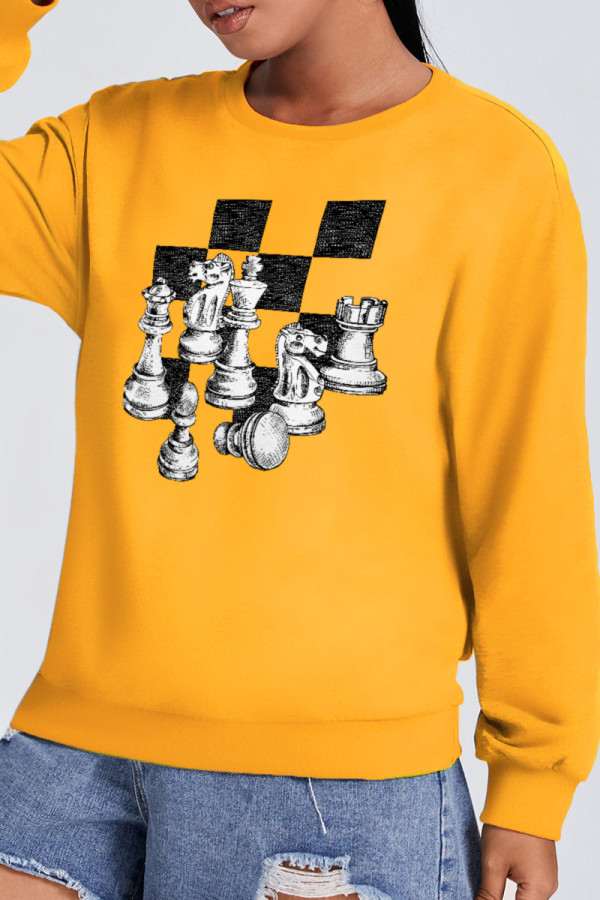 Yellow Fashion Sweet Plaid Print Patchwork O Neck Tops