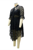 Black Fashion Plus Size Patchwork Hollowed Out See-through O Neck Short Sleeve Dress