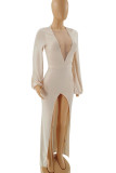 White Sexy Solid Patchwork High Opening V Neck Straight Dresses