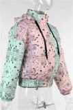Pink Green Fashion Casual Print Patchwork Hooded Collar Outerwear