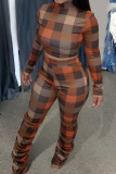 Blue Casual Plaid Print Patchwork Fold Half A Turtleneck Long Sleeve Two Pieces