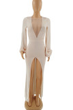 White Sexy Solid Patchwork High Opening V Neck Straight Dresses