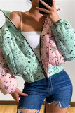Pink Green Fashion Casual Print Patchwork Hooded Collar Outerwear