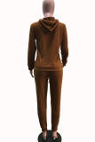 Coffee Casual Solid Split Joint Hooded Collar Long Sleeve Two Pieces