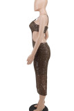 Brown Fashion Sexy Patchwork Sequins Backless U Neck Sling Dress
