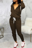 Coffee Fashion Casual Solid Split Joint Hooded Collar Long Sleeve Two Pieces