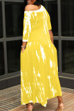 Yellow British Style Print Patchwork Asymmetrical O Neck Irregular Dress Dresses