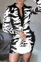 Black Fashion Casual Print Split Joint Turndown Collar Long Sleeve Dresses
