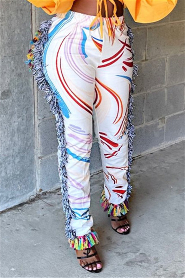 White Fashion Casual Print Tassel Patchwork Regular High Waist Pencil Trousers
