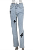 Baby Blue Fashion Casual Embroidery Basic Low Waist Straight Denim Jeans