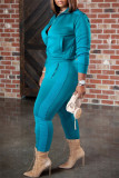 Blue Fashion Casual Solid Split Joint Zipper Collar Long Sleeve Two Pieces
