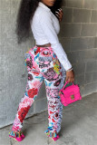 Pink Fashion Casual Print Tassel Patchwork Regular High Waist Pencil Trousers