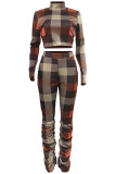 Orange Sexy Plaid Print Fold O Neck Long Sleeve Two Pieces