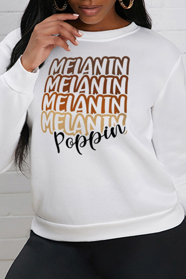 White Fashion Street Print Patchwork Letter O Neck Tops