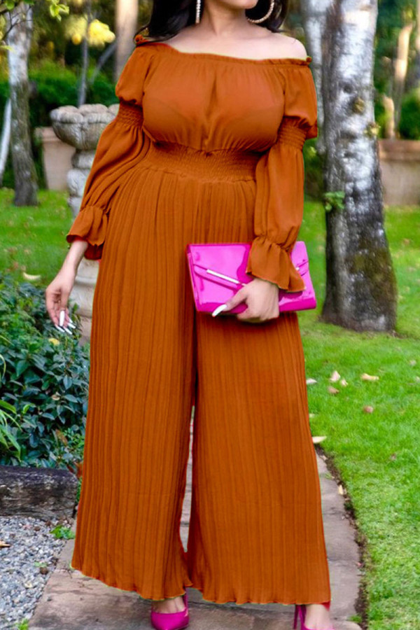 Brown Casual Sweet Solid Patchwork Fold Off the Shoulder Loose Jumpsuits
