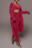 Red Casual Solid Patchwork U Neck Long Sleeve Three Pieces