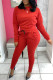 Red Fashion Casual Solid Basic O Neck Long Sleeve Two Pieces