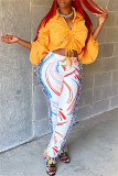 Pink Fashion Casual Print Tassel Patchwork Regular High Waist Pencil Trousers