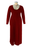 Burgundy Fashion Casual Solid Slit O Neck Plus Size Two Pieces