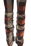 Orange Sexy Plaid Print Fold O Neck Long Sleeve Two Pieces