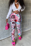 Pink Fashion Casual Print Tassel Patchwork Regular High Waist Pencil Trousers