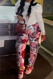 Pink Fashion Casual Print Tassel Patchwork Regular High Waist Pencil Trousers