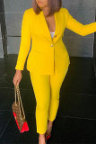 Yellow Fashion Casual Solid Cardigan Pants Turndown Collar Long Sleeve Two Pieces