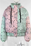 Pink Green Fashion Casual Print Patchwork Hooded Collar Outerwear