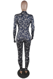 Black Sexy Print Patchwork Zipper Collar Skinny Jumpsuits