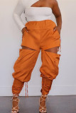 Orange Fashion Casual Solid Hollowed Out Regular High Waist Trousers