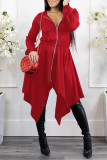 Red Casual Solid Patchwork Asymmetrical Zipper Hooded Collar Irregular Dress Dresses