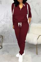 Burgundy Fashion Casual Solid Split Joint Hooded Collar Long Sleeve Two Pieces