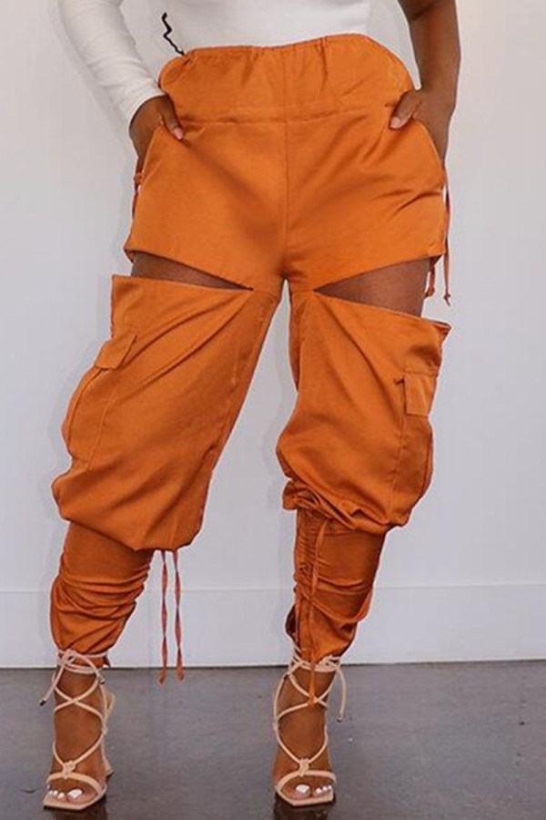 Orange Fashion Casual Solid Hollowed Out Regular High Waist Trousers