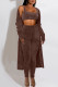 Coffee Casual Solid Patchwork U Neck Long Sleeve Three Pieces