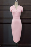 Pink Elegant Solid Patchwork Zipper V Neck One Step Skirt Dresses