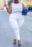 White Casual Solid Split Joint O Neck Plus Size Two Pieces