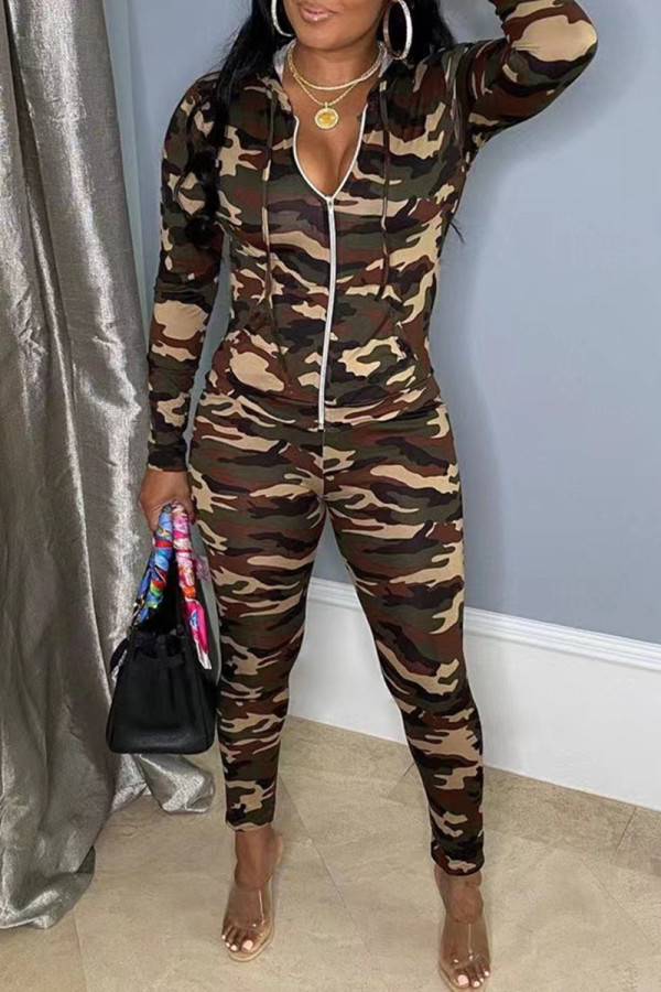 Camouflage Fashion Casual Camouflage Print Basic Zipper Collar Long Sleeve Two Pieces