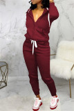 Burgundy Fashion Casual Solid Split Joint Hooded Collar Long Sleeve Two Pieces