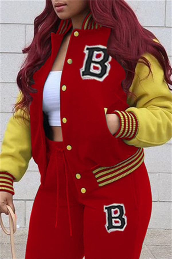 Red Fashion Casual Letter Patchwork Buckle Outerwear