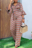 Red Fashion Casual Print Basic V Neck Three Quarter Two Pieces