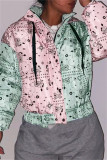 Pink Green Fashion Casual Print Patchwork Hooded Collar Outerwear