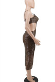 Brown Fashion Sexy Patchwork Sequins Backless U Neck Sling Dress