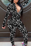 Black Sexy Print Patchwork Zipper Collar Skinny Jumpsuits