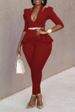 Tangerine Red Work Solid Flounce V Neck Half Sleeve Two Pieces (not with Belt)